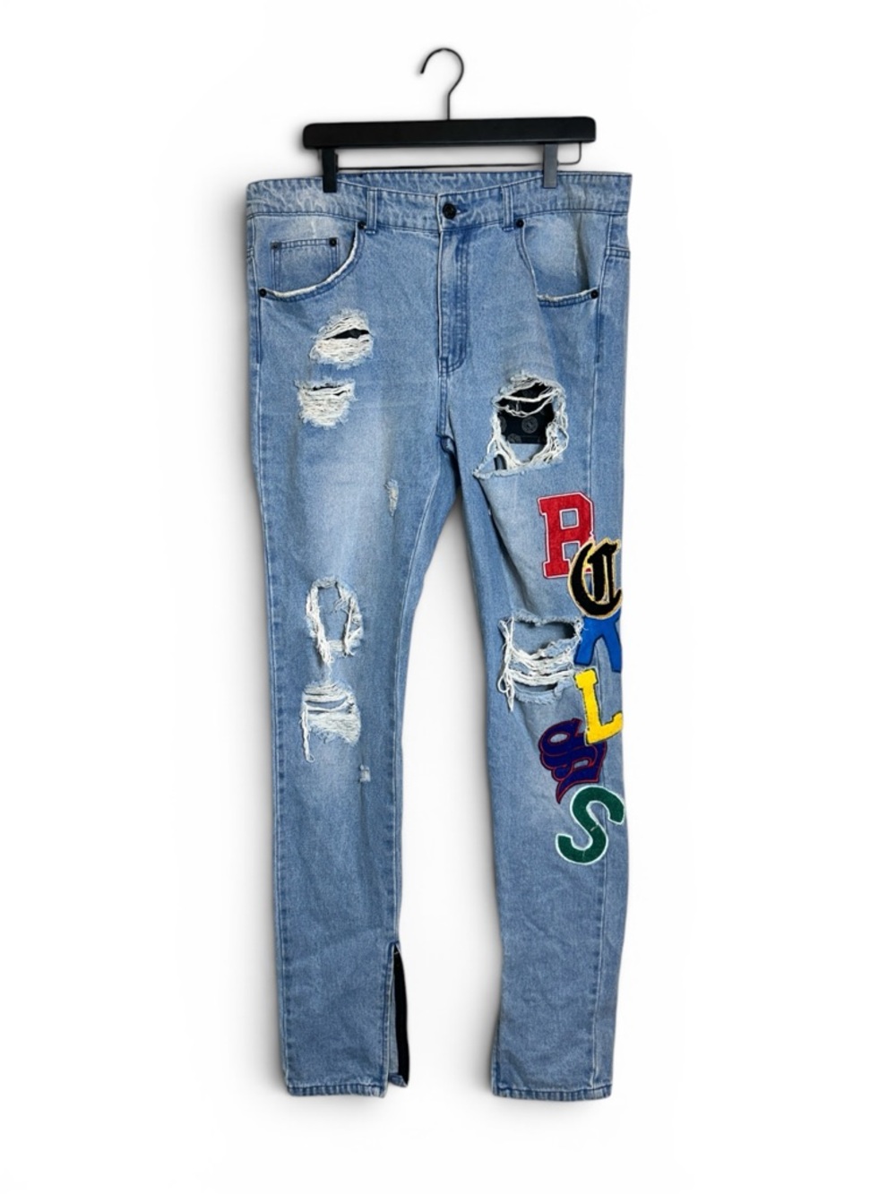 Young & Reckless Light Blue Distressed Jeans with Multicolor Letter Patches